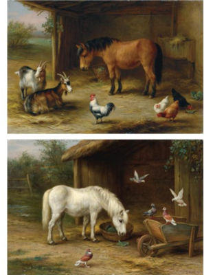 A HORSE WITH PIGEONS AT FEEDING TIME; A PONY WITH GOATS AND CHICKENS IN A BARN (2)