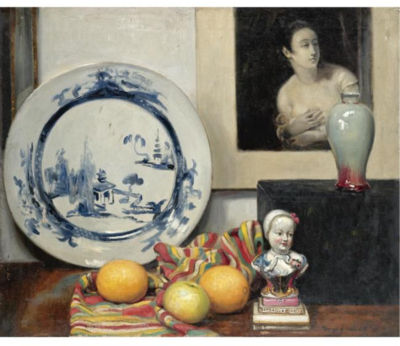 STILL LIFE WITH A BLUE & WHITE DISH, VASE AND FRUIT OF A STRIPED CLOTH by Denys George Wells - Auction record, sale price, and art valuation. Compare with similar artists and explore comparable artworks.
