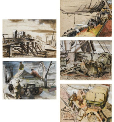 DOWN SHE GOES; LANDING AT NORMANDY; UNLOADING AT NORMANDY; TANK ENGINEERS; THE BRIDGE