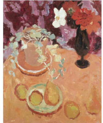 STILL LIFE WITH PEARS, PETUNIAS AND A POTTED PLANT