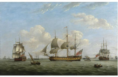 MEN-OF-WAR HMS MARIANA, EARL OF CHATHAM AND ACHILLES OFF A COASTAL TOWN