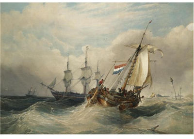 A DUTCH FISHING VESSEL IN CHOPPY WATERS WITH OTHER SHIPPING OFF THE COAST