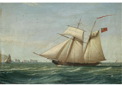 A BRITISH TOPSAIL SCHOONER INWARD BOUND OFF THE NEEDLES, ISLE OF WIGHT, WITH A CUTTER AND OTHER SHIPPING IN THE DISTANCE