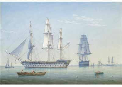 TWO 64-GUN BRITISH MEN-OF-WAR SHIPS IN A CALM WITH OTHER SHIPPING