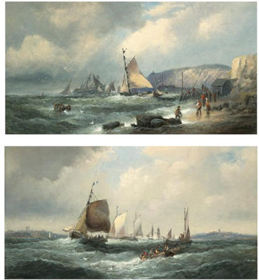 A MAN-OF-WAR AGROUND OFF A HEADLAND; FISHING BOATS OFF THE COAST by William Anslow Thornley - Auction record, sale price, and art valuation. Compare with similar artists and explore comparable artworks.