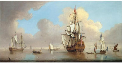 A BRITISH MAN-OF-WAR AND OTHER SHIPPING IN A CALM