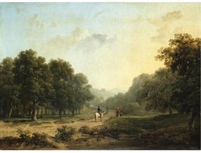 LANDSCAPE WITH FIGURES IN THE FOREGROUND AND A RUIN BEYOND