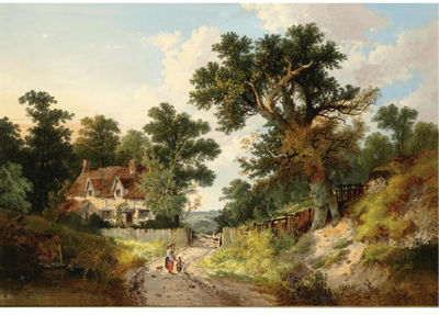 FIGURES ON A TRACK IN A WOODED LANDSCAPE