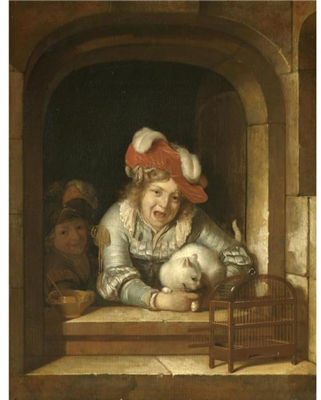TWO CHILDREN PLAYING WITH A CAT HOLDING A BIRD IN ITS JAWS