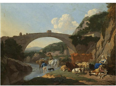 ITALIANATE LANDSCAPE WITH HERDERS AND ANIMALS RESTING BY A RIVER UNDER A BRIDGE by Karel Dujardin - Auction record, sale price, and art valuation. Compare with similar artists and explore comparable artworks.