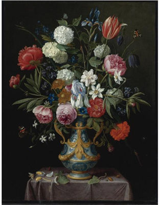 STILL LIFE OF IRISES, PEONIES, NARCISSI, A TULIP AND OTHER FLOWERS IN A BLUE-AND-WHITE PORCELAIN VASE WITH ORMOLU MOUNTS ON A DRAPED PEDESTAL