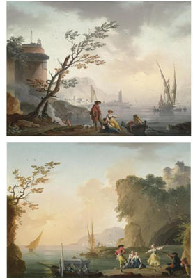 MORNING: FISHERFOLK ON A ROCKY COAST, A FORTIFIED TOWN BEYOND;(a pair)