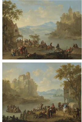 A MOUNTAINOUS RIVER LANDSCAPE WITH NUMEROUS FIGURES ON THE RIVERBANK, MEN DRINKING IN A QUAYSIDE TAVERN BEYOND;(a pair) by Franz De Paula-Ferg - Auction record, sale price, and art valuation. Compare with similar artists and explore comparable artworks.