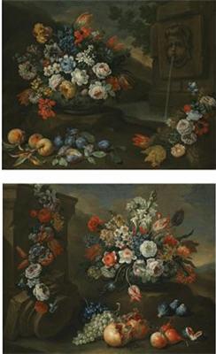 A STILL LIFE OF TULIPS, ROSES AND OTHER FLOWERS IN A PORCELAIN VASE (a pair)