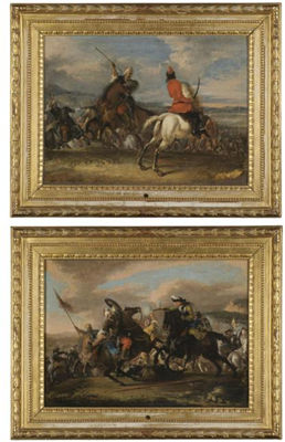 A CAVALRY BATTLE BETWEEN TURKS AND CHRISTIANS, A CHRISTIAN OFFICER SHOOTING A PISTOL;