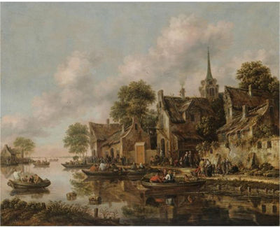 A RIVER LANDSCAPE WITH FIGURES IN BOATS MOORED BESIDE A VILLAGE