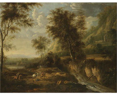 A MILITARY SKIRMISH IN AN EXPANSIVE WOODED RIVER LANDSCAPE