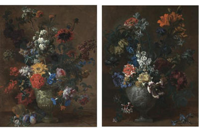 CARNATIONS, LILIES, DELPHINIUM, TULIPS, FRITILLARIA IMPERIALIS, IRIS, APPLE BLOSSOM, HONEYSUCKLE, NARCISSI AND OTHER FLOWERS IN A STONE VASE SCULPTED WITH THE FIGURE OF CERES CROWNED BY A PUTTO; by Jean Baptiste Belin de Fontenay I - Auction record, sale price, and art valuation. Compare with similar artists and explore comparable artworks.