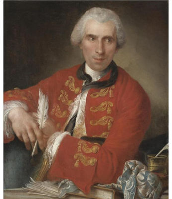 PORTRAIT OF A GENTLEMAN, HALF LENGTH, SAID TO BE A MEMBER OF THE FRENCH ACADEMY IN ROME, SEATED AT HIS DESK, WEARING A RED COAT WITH WHITE CHEMISE, HOLDING A QUILL, A LETTER AND A BOOK IN FRONT OF HIM
