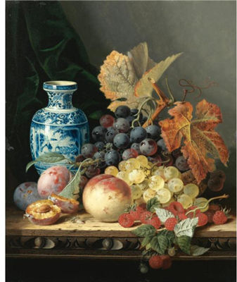 STILL LIFE WITH A CHINESE VASE, GRAPES, PLUMS, RASPBERRIES AND A PEACH ON A CARVED WOODEN TABLETOP