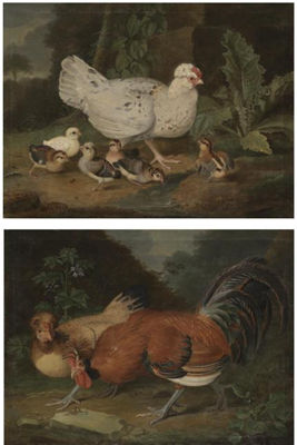 A LANDSCAPE WITH A COCKREL AND A HEN AND A LANDSCAPE WITH A HEN AND HER CHICKS
