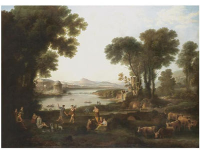 A CLASSICAL LANDSCAPE WITH FIGURES DANCING