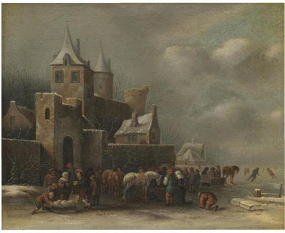 A WINTER LANDSCAPE WITH FIGURES CONVERSING OUTSIDE A VILLAGE