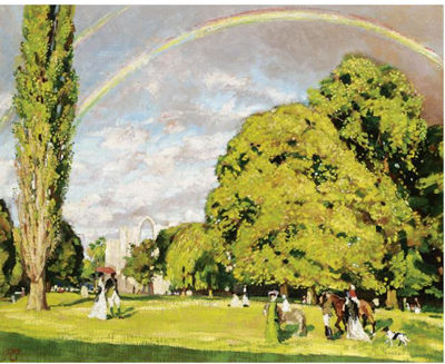 FIGURES STROLLING IN A PARK WITH RUINS IN THE DISTANCE
