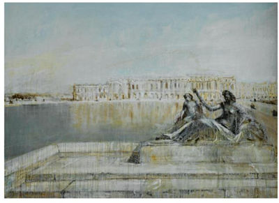 Sample artwork by Valery Nikolaevich Koshlyakov (Born 1962), known for merging cityscapes with symbols of politics, history, and culture using large-scale painting on crude materials such as cardboard. - View similar artists and auction records