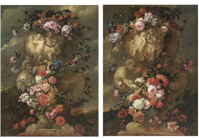 A PAIR OF STILL LIFES OF ELABORATE SCULPTED URNS DECORATED WITH CARNATIONS, PARROT TULIPS, IRISES, MORNING GLORY AND OTHER FLOWERS