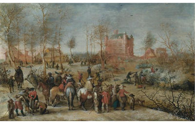 A WINTER LANDSCAPE WITH SOLDIERS DEFENDING A TOWN