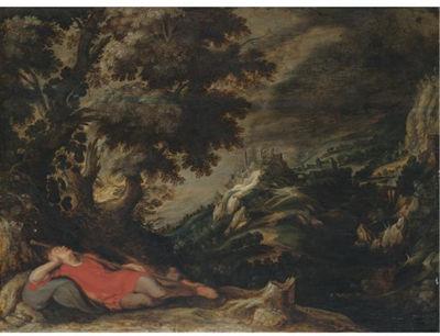 A HILLLY LANDSCAPE WITH A FIGURE RESTING IN THE FOREGROUND, POSSIBLY JACOB'S DREAM