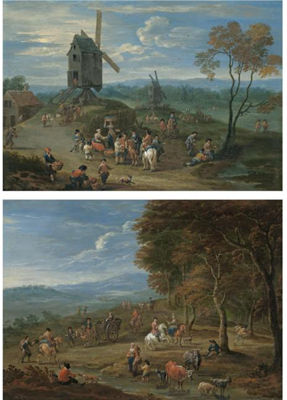 AN EXTENSIVE LANDSCAPE WITH PEASANTS SELLING FRUIT BEFORE A SERIES OF WINDMILLS;A LANDSCAPE WITH TRAVELLERS PASSING BY THE EDGE OF A FOREST (2) by Mathys Schoevaerdts - Auction record, sale price, and art valuation. Compare with similar artists and explore comparable artworks.