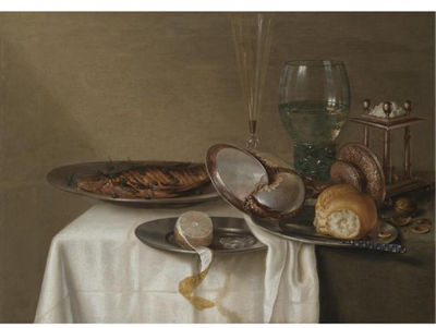 A STILL LIFE WITH A HALF-PEELED LEMON ON A PEWTER DISH, A DRIED FISH WITH CAPERS, A WINE GLASS, ROEMER, TRIANGULAR SALT CELLAR AND A NAUTILUS-SHELL CUP ON A TABLE COVERED WITH A DARK CLOTH AND WHITE NAPKIN