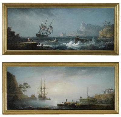 A STORMY MEDITERRANEAN COASTAL SCENE WITH DISTRESSED FISHERMEN IN THE FOREGROUND;A CALM MEDITERRANEAN COASTAL SCENE WITH FISHERMEN UNLOADING THEIR CATCH