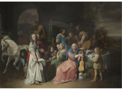 AN OUTDOOR SCENE WITH AN ELEGANT COMPANY ATTENDING AND PLAYING MUSIC, A CARRIAGE ARRIVING IN THE BACKGROUND