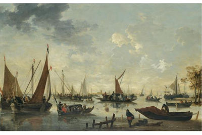 BOATS AND SHIPS ON THE RIVER MAAS, THE GROTE KERK AND DORDRECHT IN THE DISTANCE