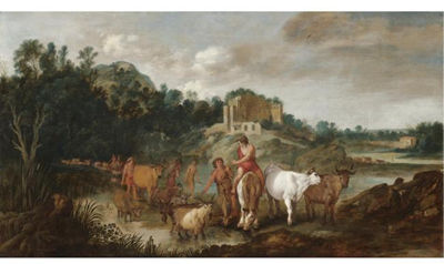 A LANDSCAPE WITH DROVERS AND THEIR ANIMALS FORDING A RIVER by Moses Matheusz van Uyttenbroeck - Auction record, sale price, and art valuation. Compare with similar artists and explore comparable artworks.