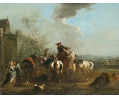 A HUNTING PARTY AT REST WITH A HUNTSMAN CARESSING AN ELEGANT LADY