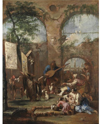 AN ARCHITECTURAL CAPRICCIO WITH A MUSICIAN AND PEASANTS BEFORE A PORTABLE ALTAR WITH SAINT ANTHONY OF PADUA