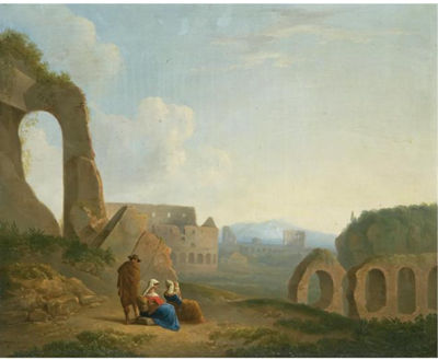 A ROMAN CAPRICCIO WITH FIGURES, THE COLOSSEUM BEYOND