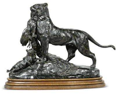 TIGRESSE RAPPORTANT UN PAON À SES PETITS (A TIGRESS PRESENTING A PEACOCK TO HER CUBS) by Auguste Nicholas Cain - Auction record, sale price, and art valuation. Compare with similar artists and explore comparable artworks.