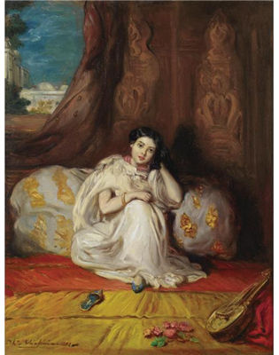 JEUNE FILLE MAURESQUE, ASSISE DANS UN RICHE INTÉRIEUR (ALMÉE)