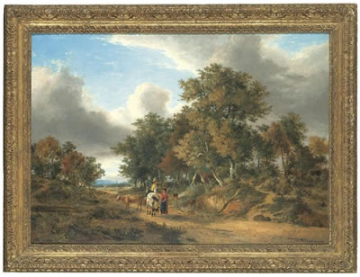 GYPSIES ON A PATH IN A WOODED LANDSCAPE