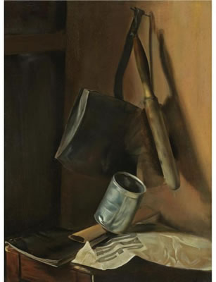 STILL LIFE WITH DUSTPAN, BRUSH AND NEWSPAPER