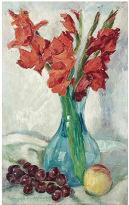 STILL LIFE OF GLADIOLI, GRAPES AND A PEACH