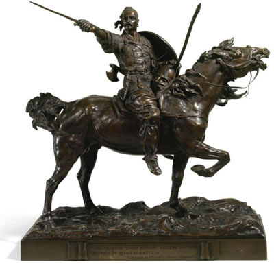 A BRONZE GROUP OF THE WARRIOR SVYATOSLAV