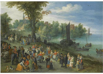 THE EDGE OF A VILLAGE WITH FIGURES DANCING ON THE BANK OF A RIVER AND A FISH-SELLER AND A SELF PORTRAIT OF THE ARTIST IN THE FOREGROUND by Jan (the Elder) Brueghel - Auction record, sale price, and art valuation. Compare with similar artists and explore comparable artworks.