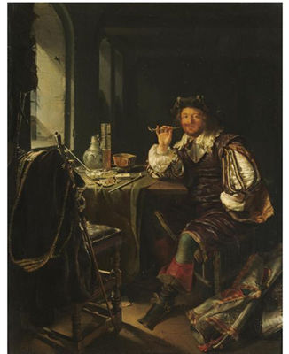 AN INTERIOR WITH A SOLDIER SMOKING A PIPE