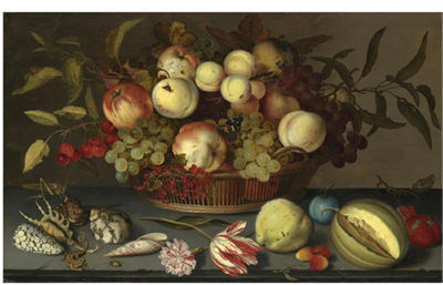 STILL LIFE OF PEACHES, APPLES, GRAPES, CHERRIES AND REDCURRANTS IN A BASKET, WITH SEA-SHELLS, INSECTS, A PARROT TULIP, A PINK ROSE AND FURTHER FRUIT SCATTERED ON THE STONE LEDGE BENEATH